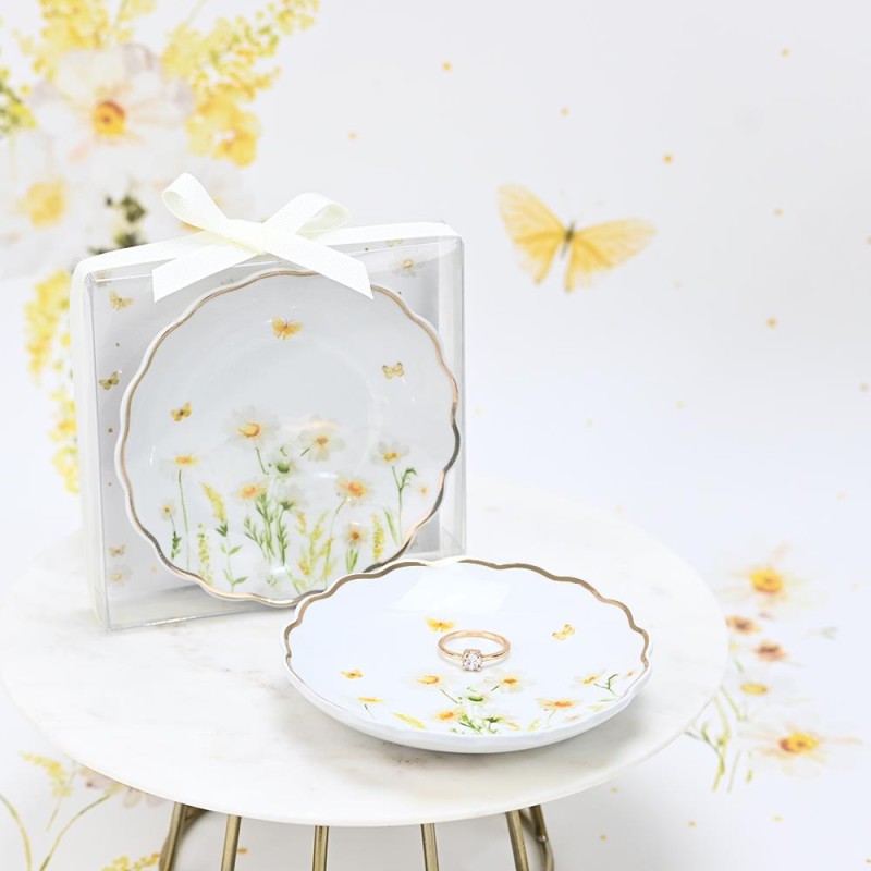 Πορσελάνινο Πιατάκι Daisy με Χρυσό Τελείωμα – Μπομπονιέρα Βάπτισης Κοριτσιού