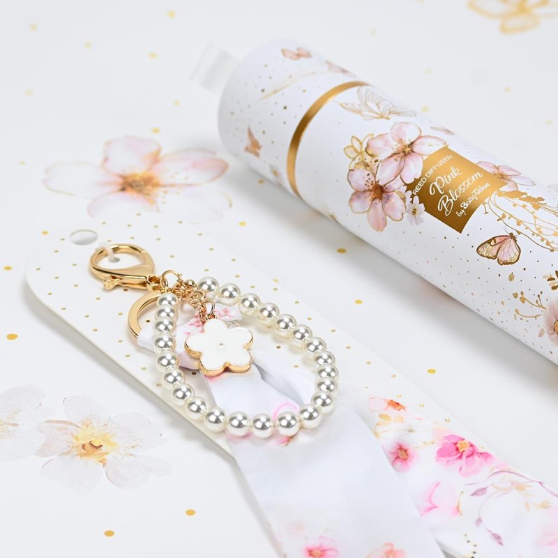 Charm Μαντιλάκι Pink Blossom με Πέρλες – Μπομπονιέρα Βάπτισης για Κορίτσι