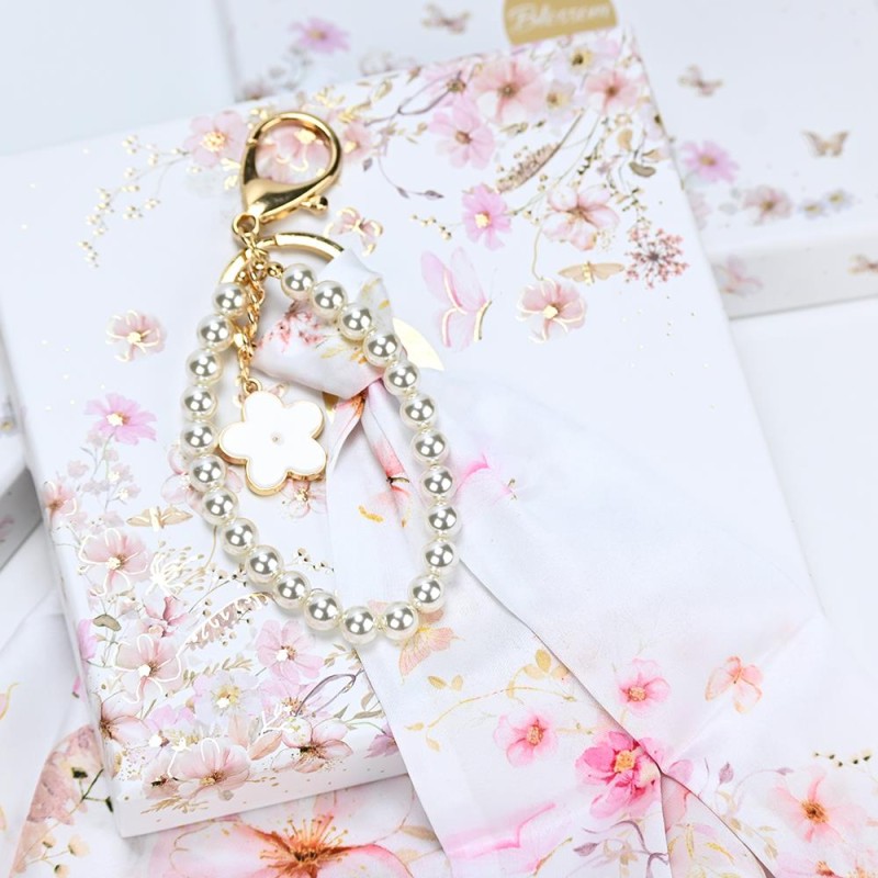 Charm Μαντιλάκι Pink Blossom με Πέρλες – Μπομπονιέρα Βάπτισης για Κορίτσι