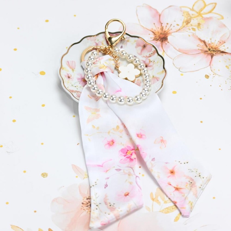 Charm Μαντιλάκι Pink Blossom με Πέρλες – Μπομπονιέρα Βάπτισης για Κορίτσι