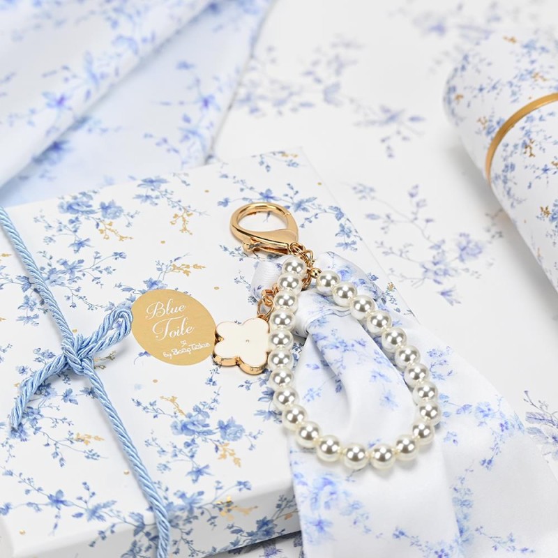 Charm Μαντιλάκι Blue Toile με Πέρλες – Μπομπονιέρα Γάμου & Βάπτισης