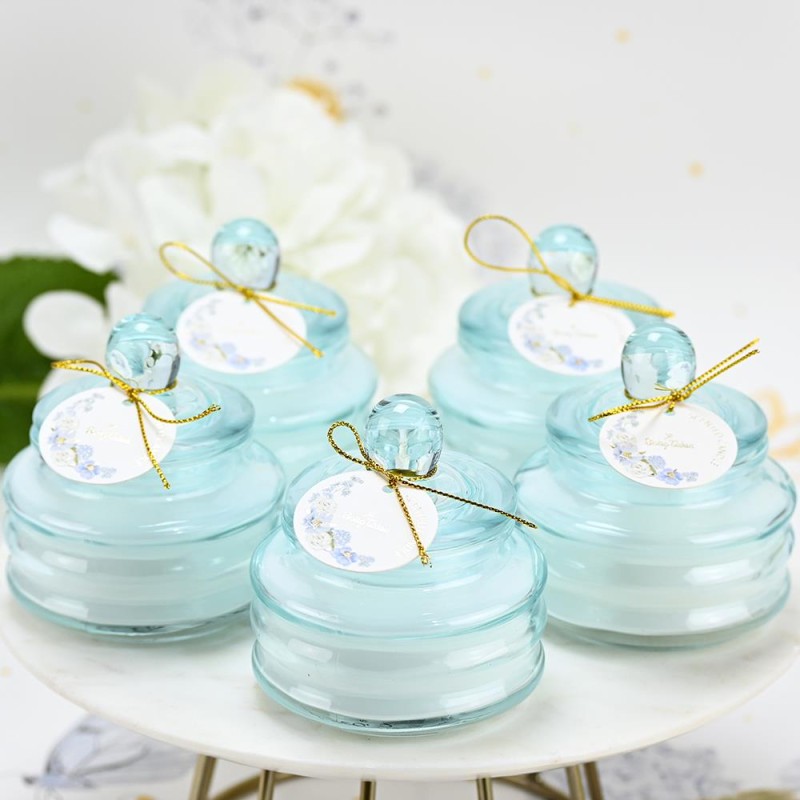 Αρωματικό κερί Flor Blue Coco σε γαλάζιο γυάλινο βαζάκι για μπομπονιέρα