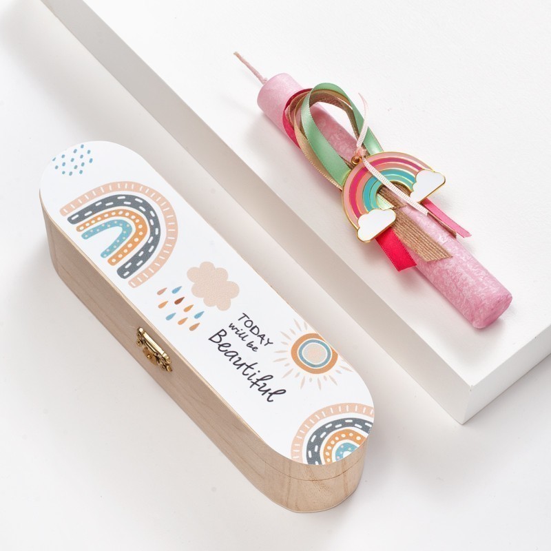 Πασχαλινή Λαμπάδα με Ουράνιο Τόξο & Ξύλινη Κασετίνα