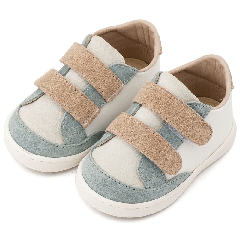 Βαπτιστικά Sneakers Αγόρι Λευκό Μίνεραλ Μπεζ με Διπλό Χρατς