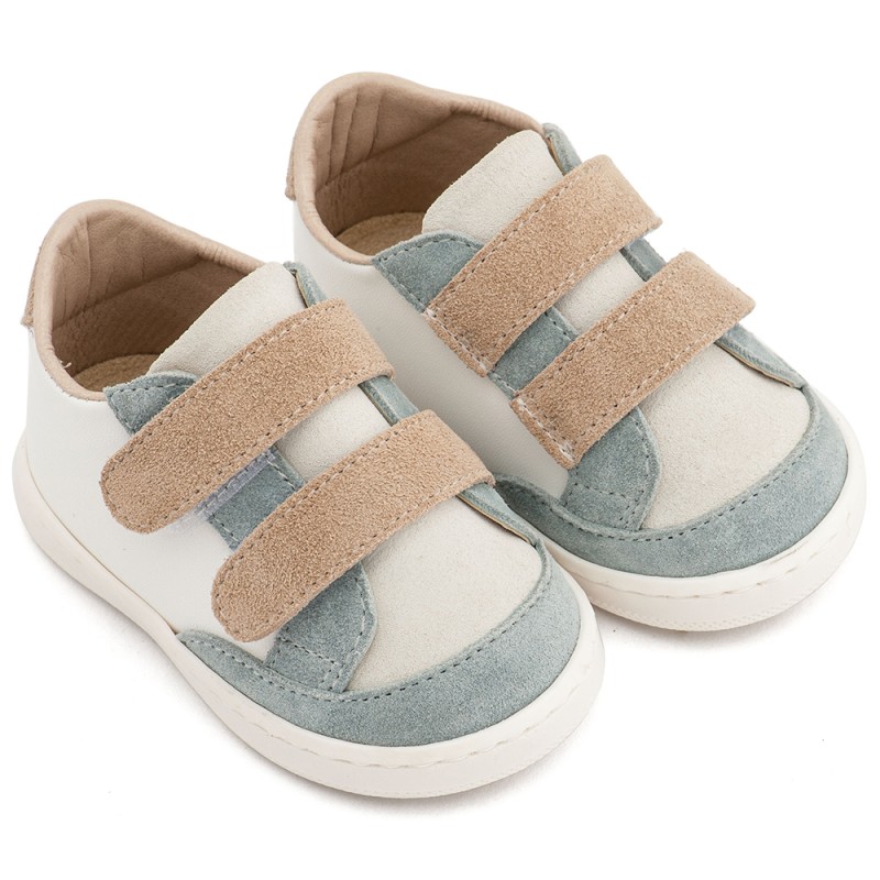 Βαπτιστικά Sneakers Αγόρι Λευκό Μίνεραλ Μπεζ με Διπλό Χρατς