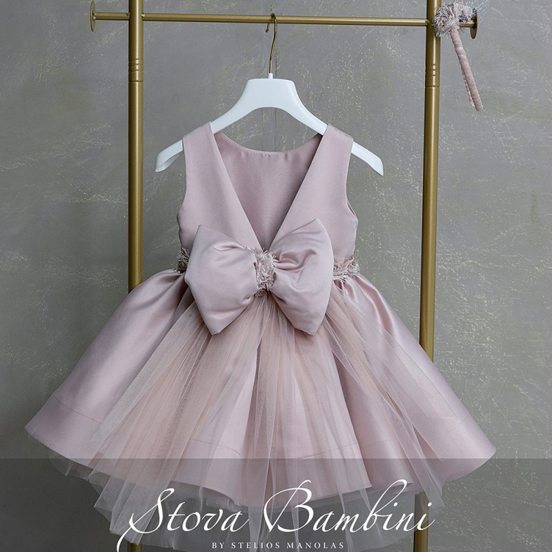 Βαπτιστικό Φόρεμα Κορίτσι Dusty Pink Σατέν με Φιόγκο – Stova Bambini