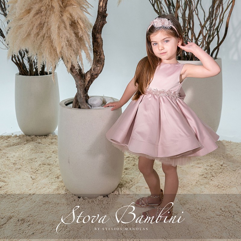 Βαπτιστικό Φόρεμα Κορίτσι Dusty Pink Σατέν με Φιόγκο – Stova Bambini