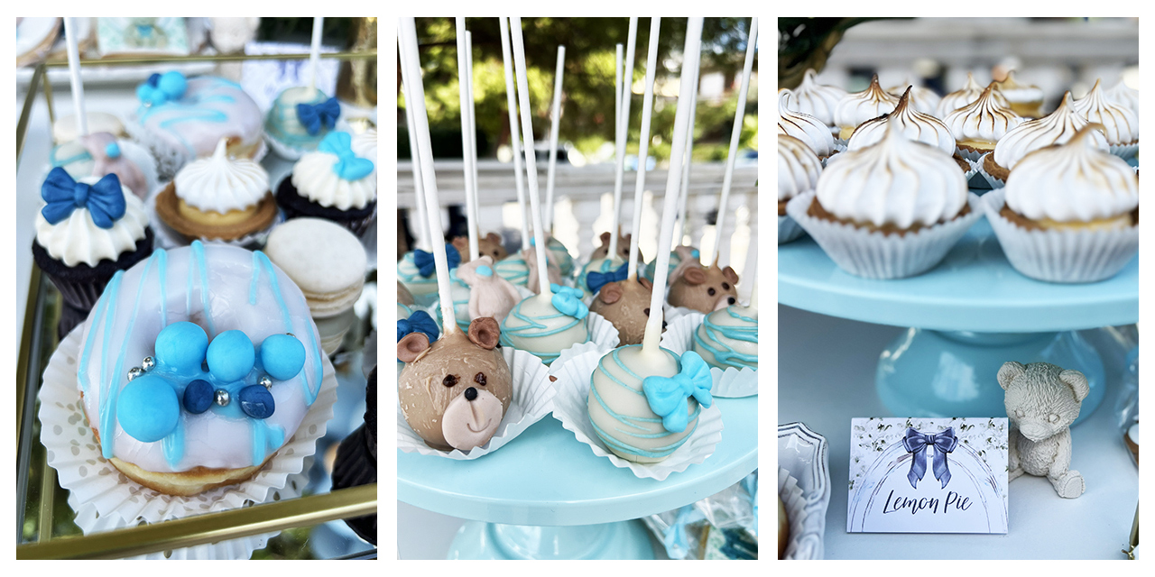 Λεπτομέρειες candy bar βάπτισης αγοριού με γλυκά σε μπλε και εκρού αποχρώσεις, θέμα teddy bear, στον Ιερό Ναό Αγίου Νικολάου Γλυφάδας.