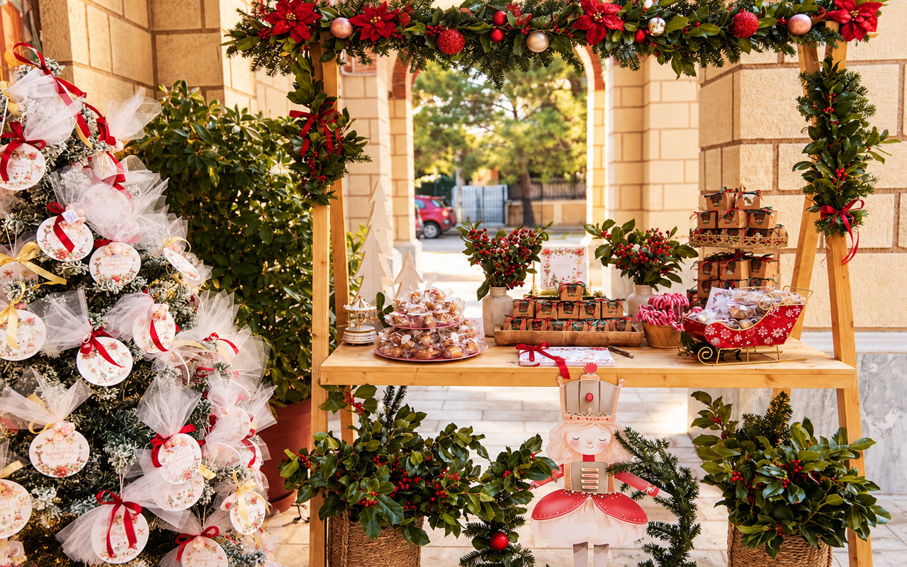Χριστουγεννιάτικο Candy Bar Βάπτισης Χριστουγεννιάτικο candy bar βάπτισης με γιορτινή διακόσμηση στον χώρο της εκκλησίας