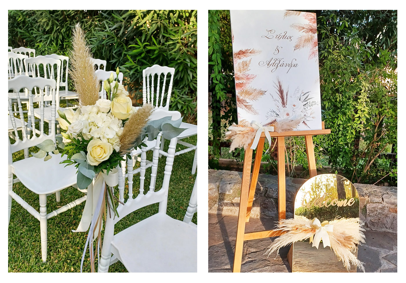 Boho διακόσμηση γάμου στο Κτήμα Καλυψώ με στολισμένες καρέκλες τελετής και φυσικό welcome σημείο με pampas
