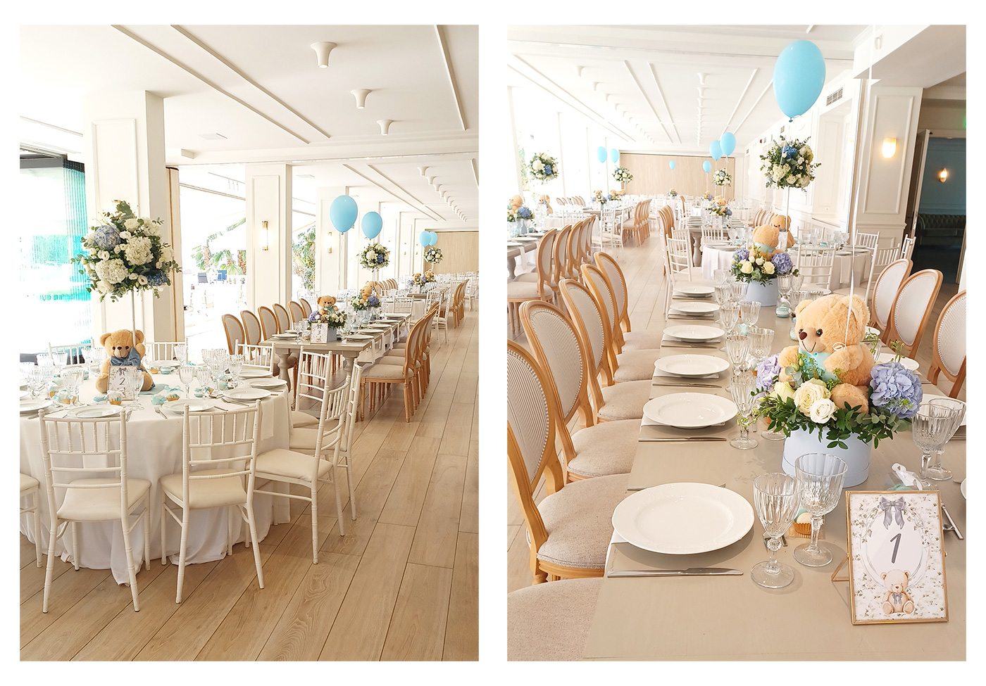 Διακόσμηση τραπεζιών δεξίωσης βάπτισης αγοριού με teddy bear θέμα, λευκά τραπέζια, μπλε λεπτομέρειες και ανθοσυνθέσεις στο Golf Prive Γλυφάδας