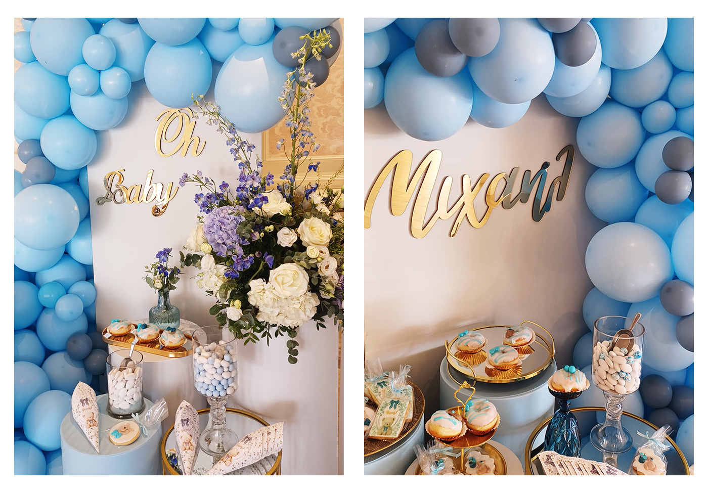 Candy bar βάπτισης αγοριού με teddy bear θέμα, μπαλόνια σε μπλε αποχρώσεις και κομψή διακόσμηση δεξίωσης στο Golf Prive Γλυφάδας