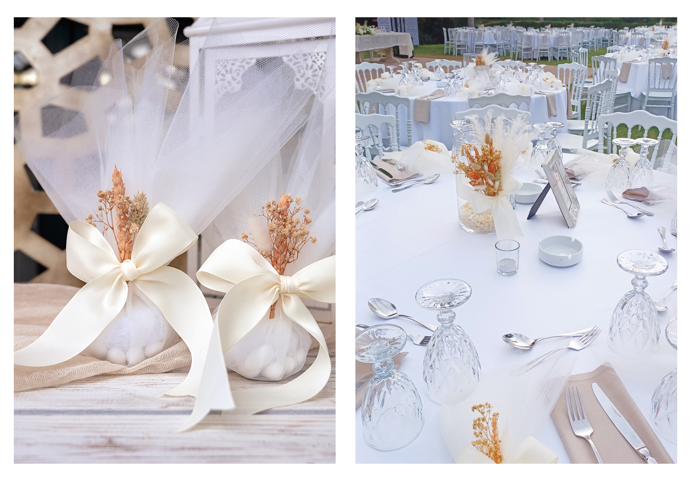 Κλασική μπομπονιέρα γάμου με τούλι και αποξηραμένα άνθη και boho διακόσμηση τραπεζιών δεξίωσης στο Κτήμα Καλυψώ