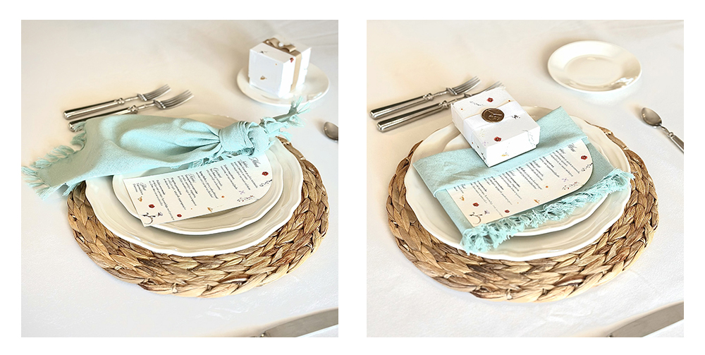 Boho στρώσιμο τραπεζιού γάμου με πετσέτα σε φυσικό ύφος και ψάθινο σουπλά
