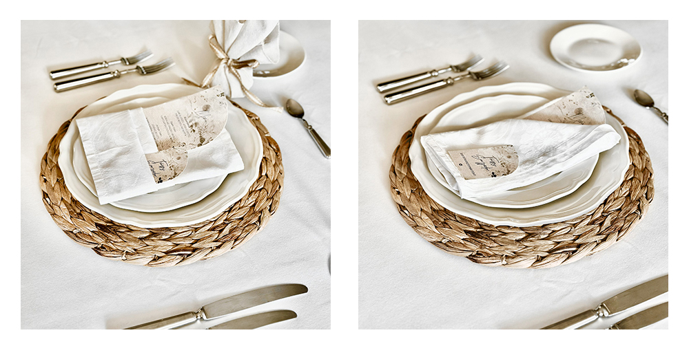 Elegant τραπέζι δεξίωσης γάμου με φυσικά υλικά, δίπλωμα πετσέτας μαζί με μενού και ευχαριστήριο καρτάκι γάμου