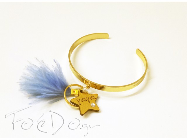 E16 Γιαγιά βραχιόλι μαρτυρικό χειροπέδα χρυσή με μπλε φτερό
